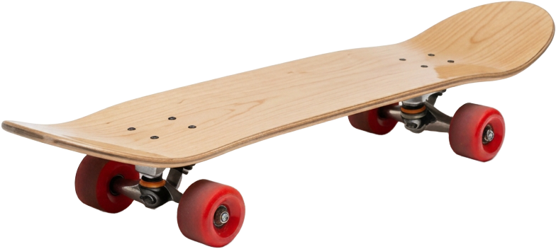 A wooden skateboard with red wheels